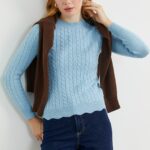 Dilimli Saç Örgülü Triko Kazak - Mavi