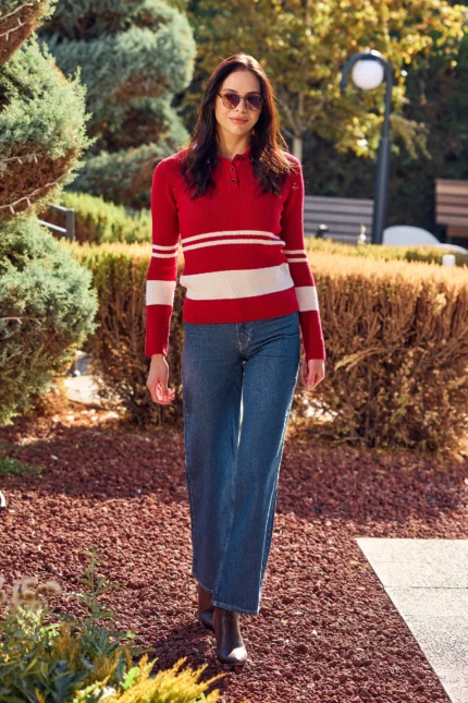 Polo Yaka Fitilli Triko Kazak - Kırmızı