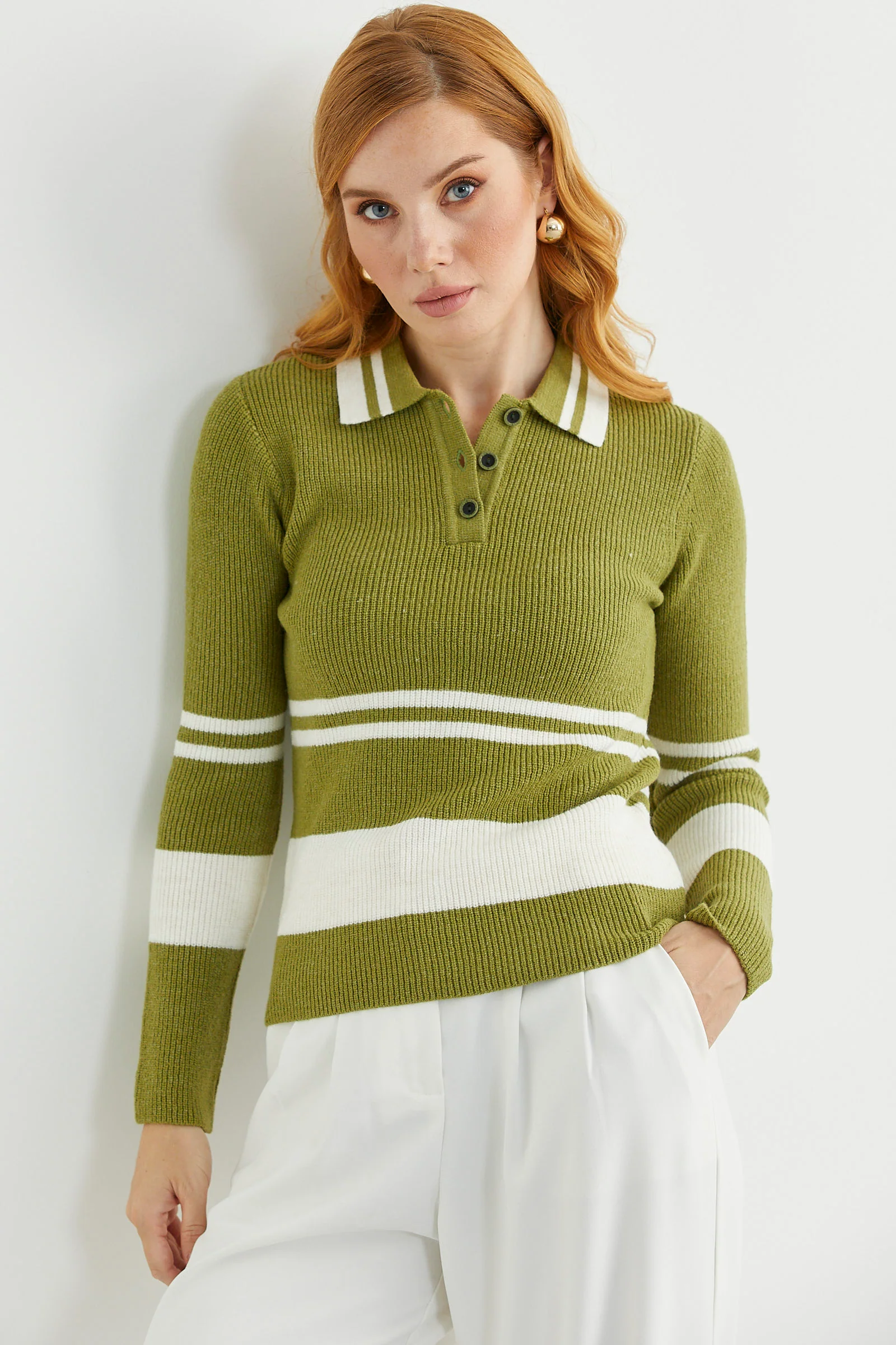 polo-yaka-fitilli-triko-kazak-yesil-46237 Polo Yaka Fitilli Triko Kazak - Yeşil - Görsel 1